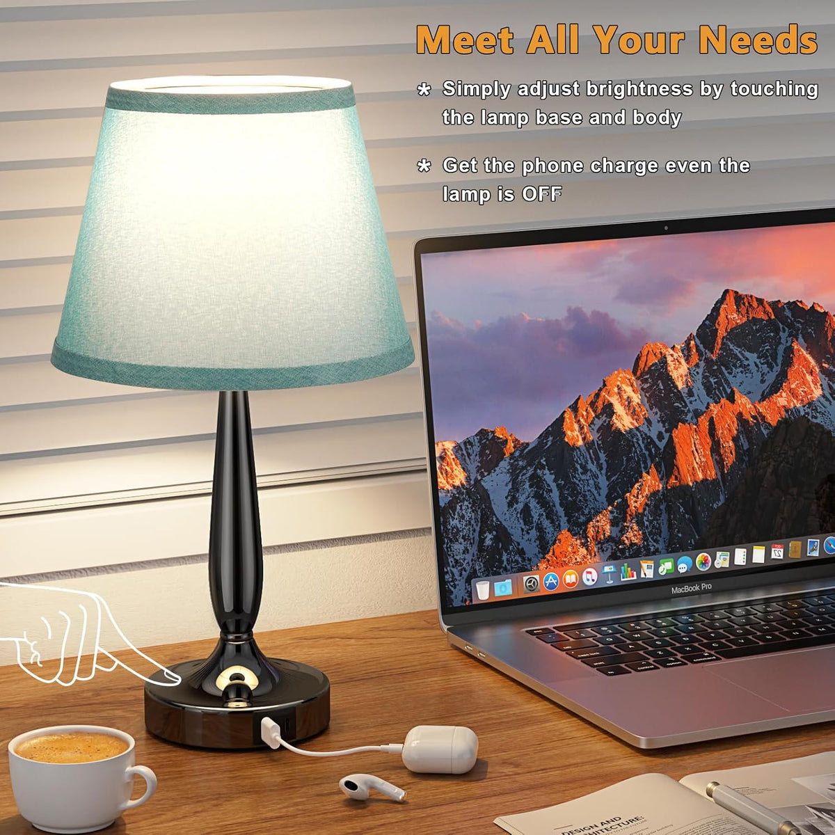 Kakanuo Touch Table Lamp for Bedroom, Small Bedside Lamp with USB C Port