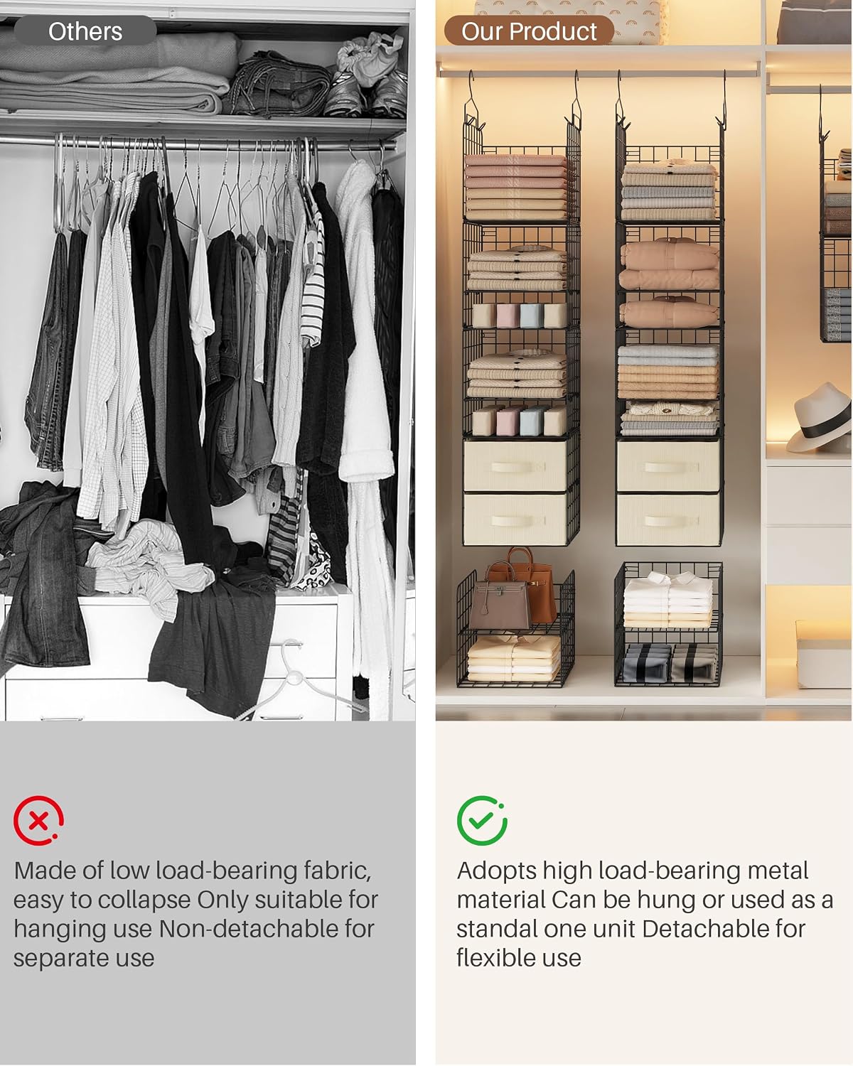 4 Tier Metal Hanging Closet Organizer with 2 Fabric Drawers