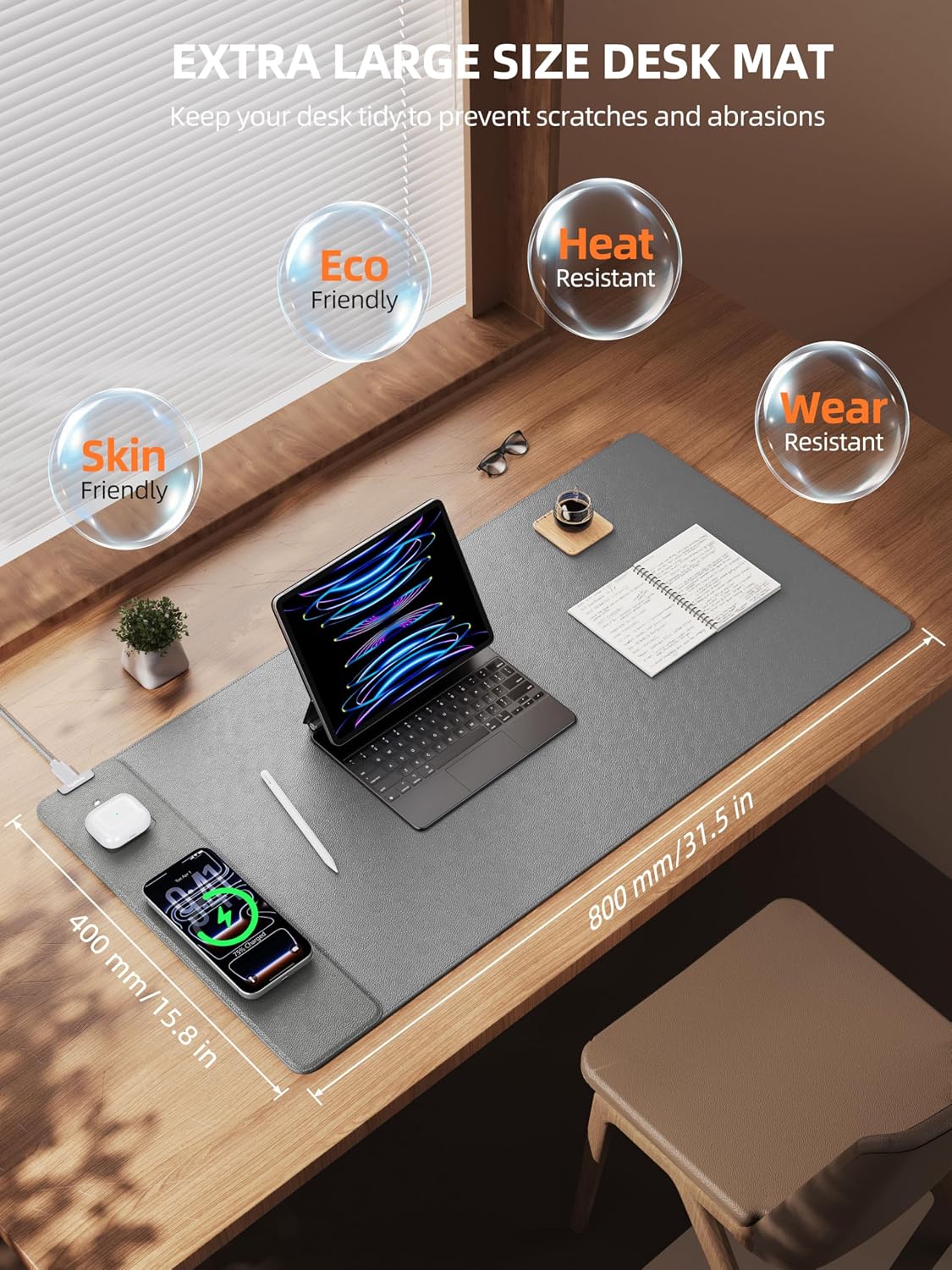 Mouse Pad with 15W Wireless Charging, XXL Large Leather Desk Mat, Gray