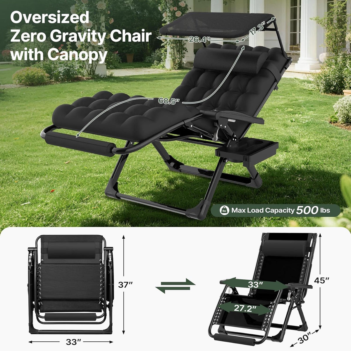 Suteck Zero Gravity Chair with Canopy,33In XXL Oversized Lounge Chairs