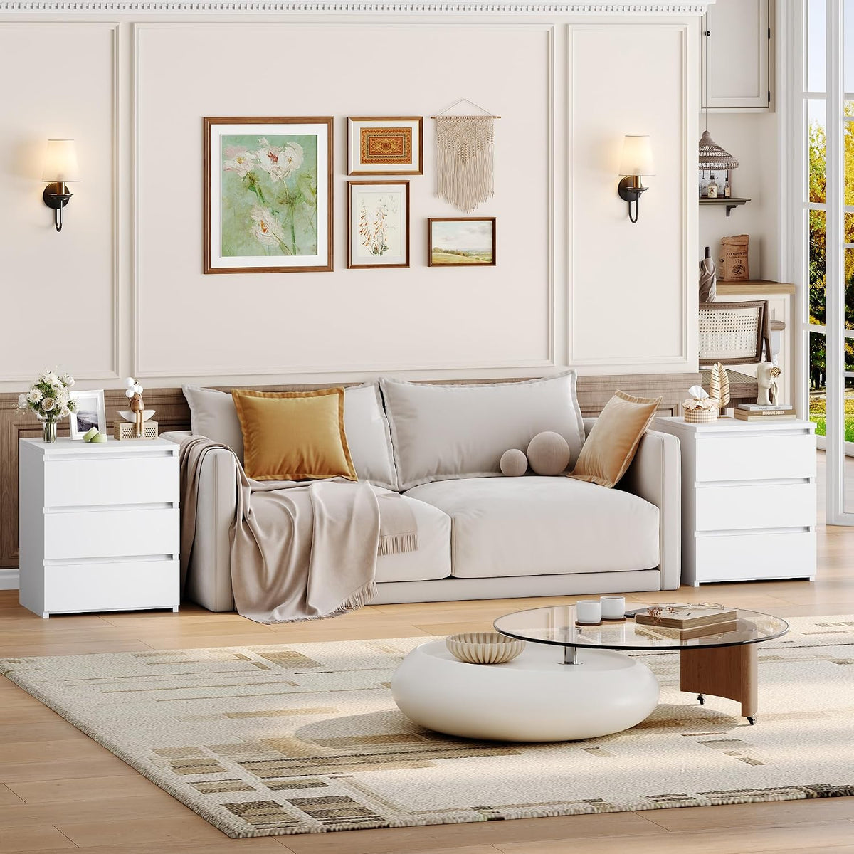 FOTOSOK Nightstands Set of 2, White Nightstand with 3 Drawers for Bedroom