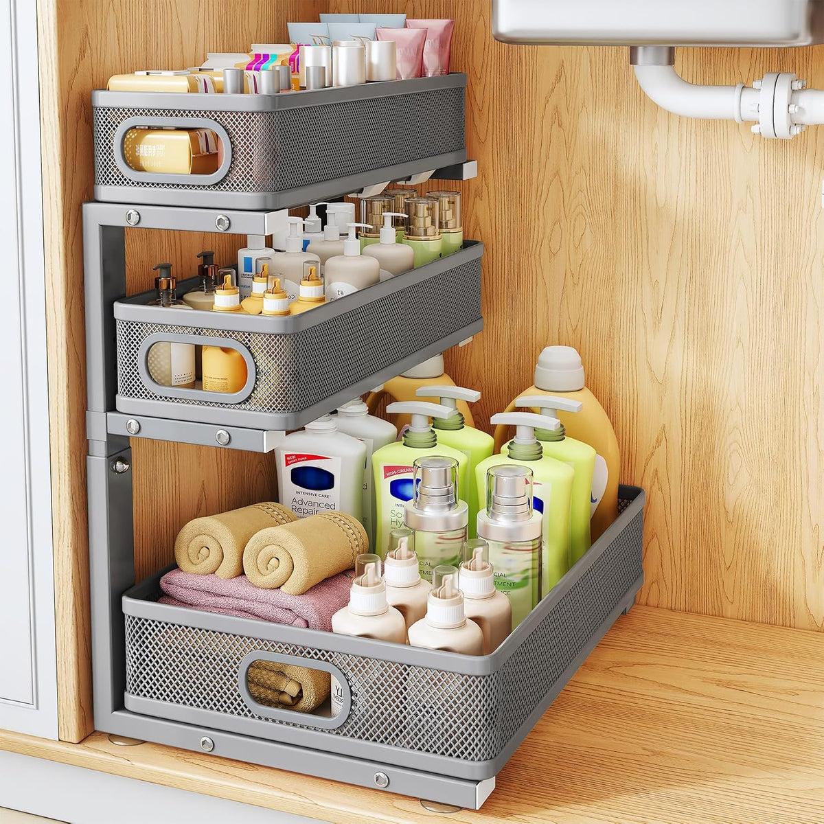 Under Sink Organizer, 3-Tier Thickened Metal Pull out Cabinet Organizer Shelf...