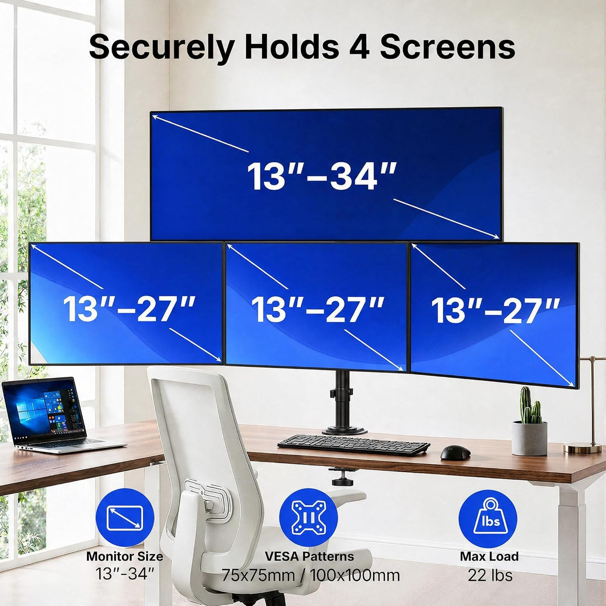 HUANUO 4 Monitor Mount for 13-34 Inch Screens, Fully Adjustable Heavy Duty Mo...