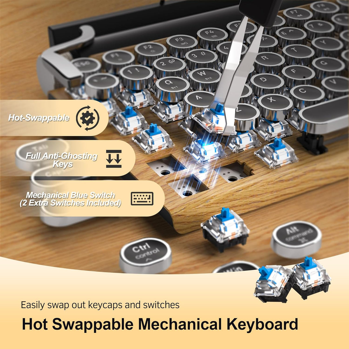 Retro Typewriter Wireless Mechanical Gaming Keyboard, Bluetooth 5.0 Office Co...