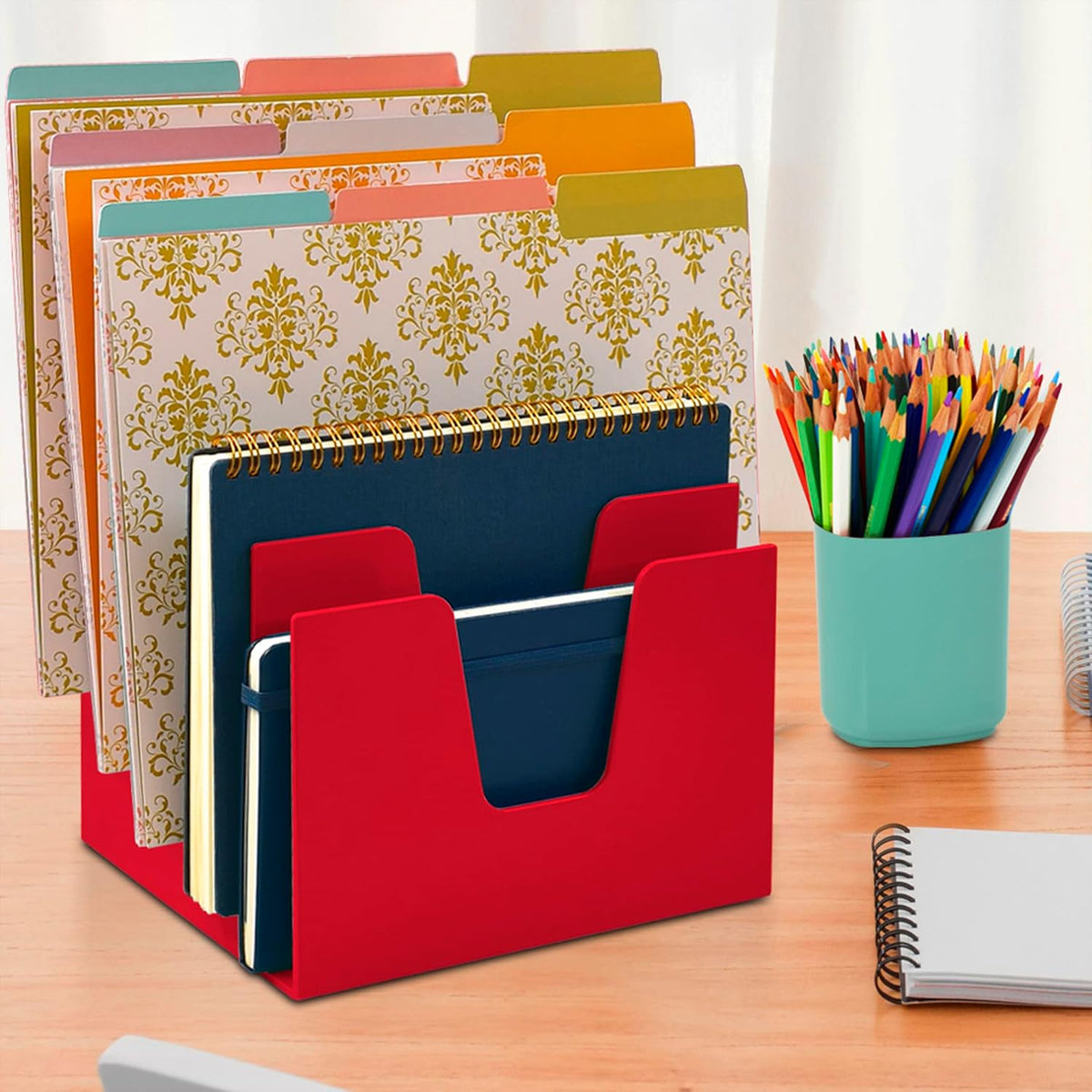 Acrimet 5 Section Incline File Sorter Organizer, Desktop Mail Holder, Red