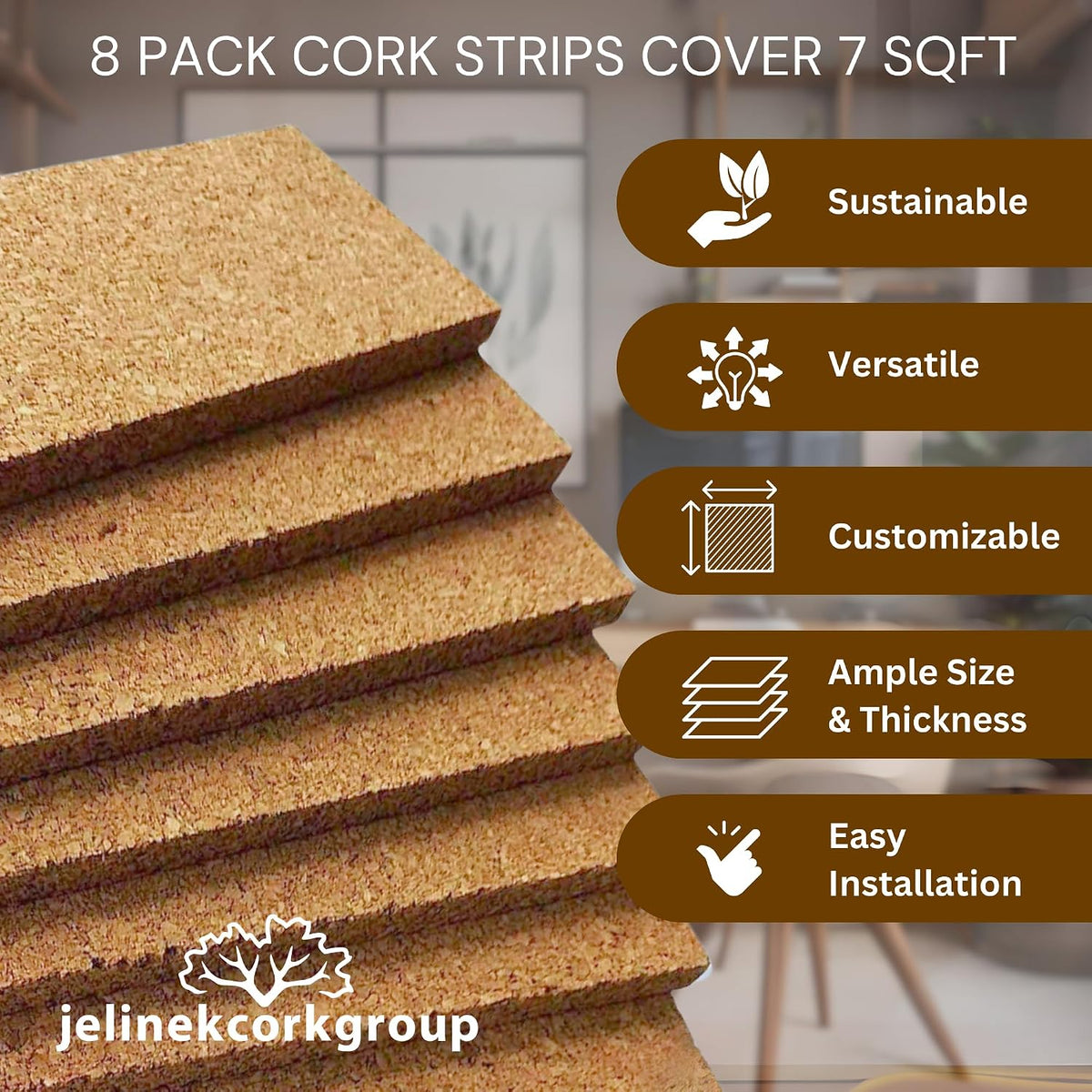 Jelinek Cork Thick Bulletin Board Strips (8 Pack) 36 x 3.5 x 0.5 Inches