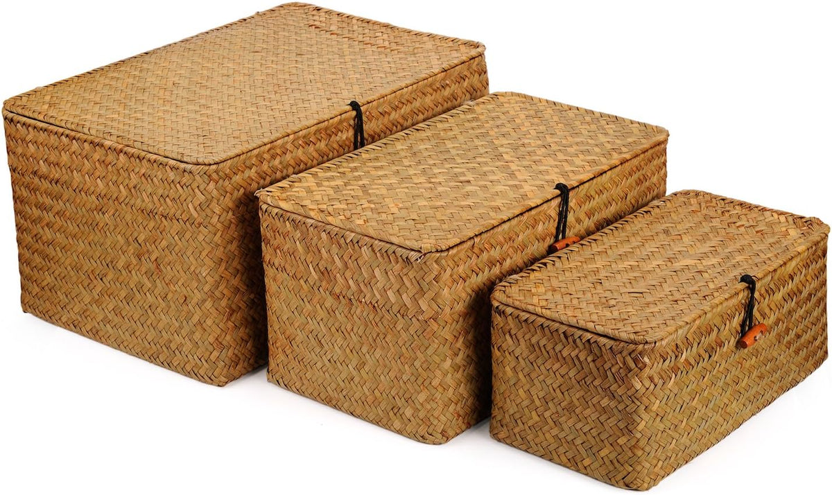 Woven Wicker Storage Bins with Lid, Seagrass Basket for Shelf Organizer, Extr...