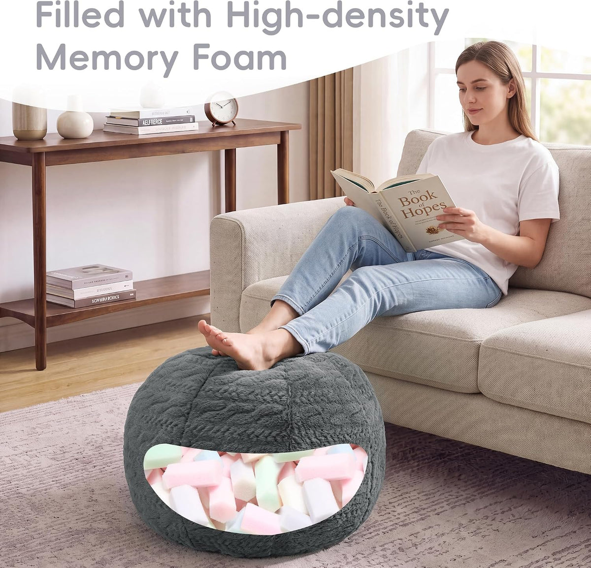 Hobestluk Stuffed Pouf Ottoman Footrest,Round Footstool,Handle,Small,Grey