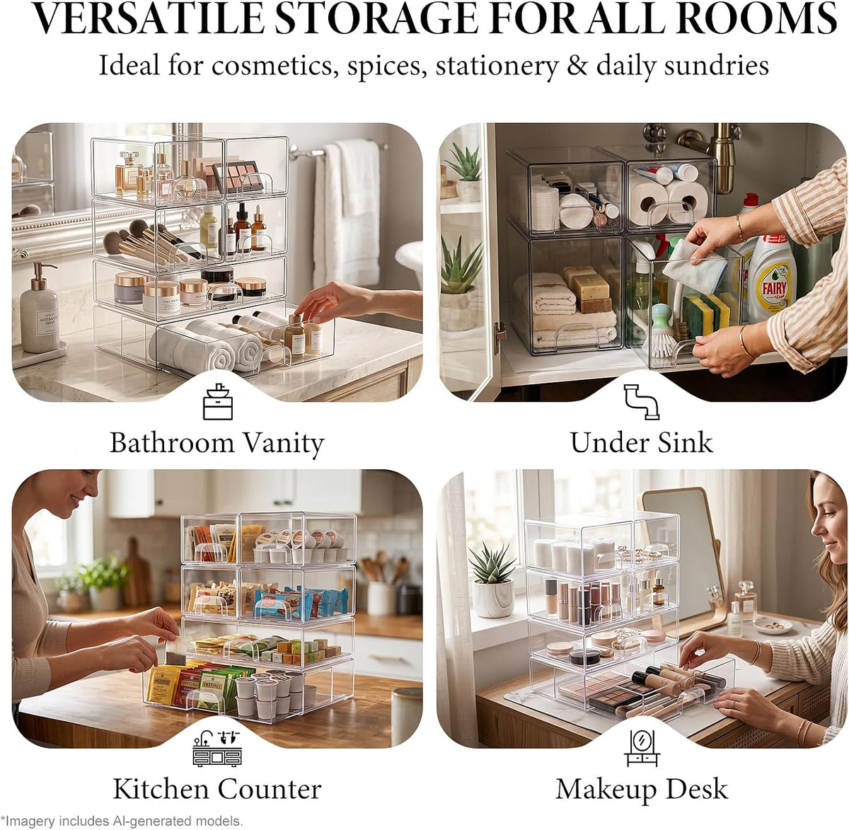 Clear Stackable Storage Drawers Set of 4 Bathroom Makeup Organizer Bins