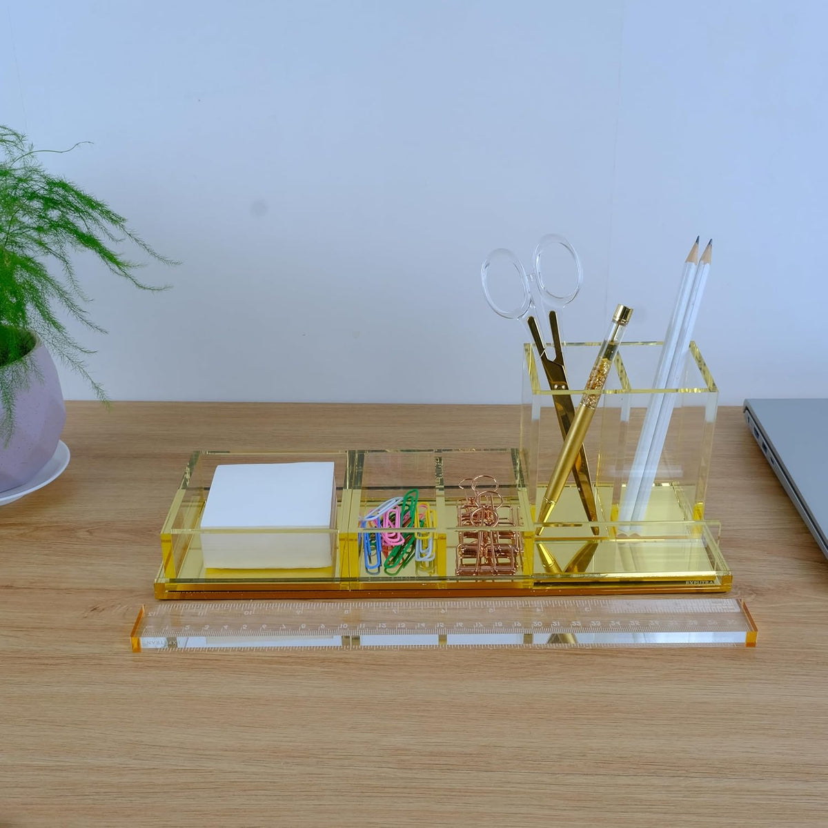 Acrylic Desk Organizer 4-Piece Desk Kit + Free Complimentary Acrylic Ruler, D...