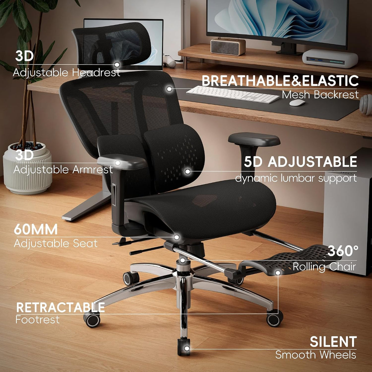 Vonesse Ergonomic Office Chair with Footrest, Desk Chairs with Dynamic Lumbar...