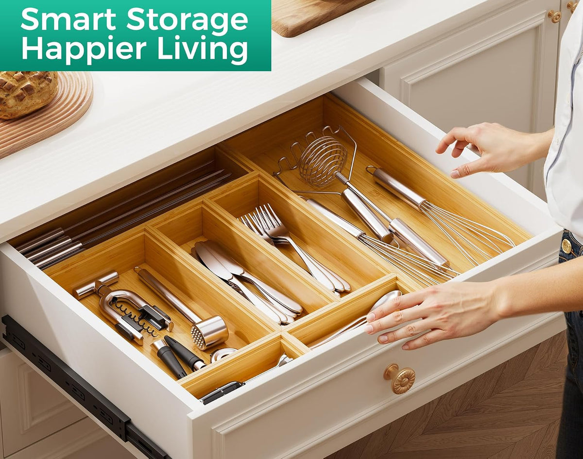 Long Bamboo Kitchen Drawer Organizer Boxes 17" x 6" Wood Pantry Org...