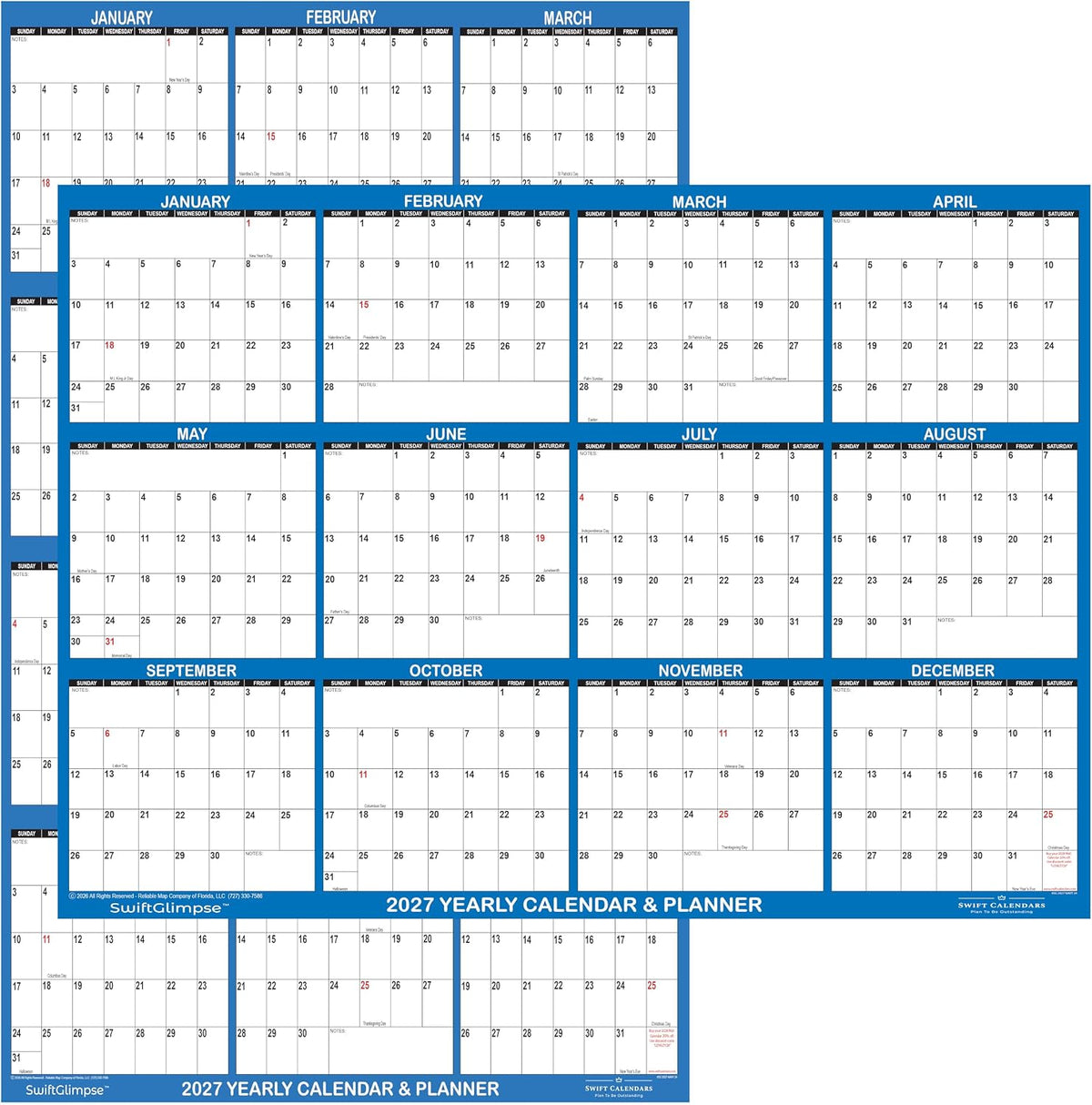 24" x 36" SwiftGlimpse 2027 Wall Calendar Erasable Large Wet & ...