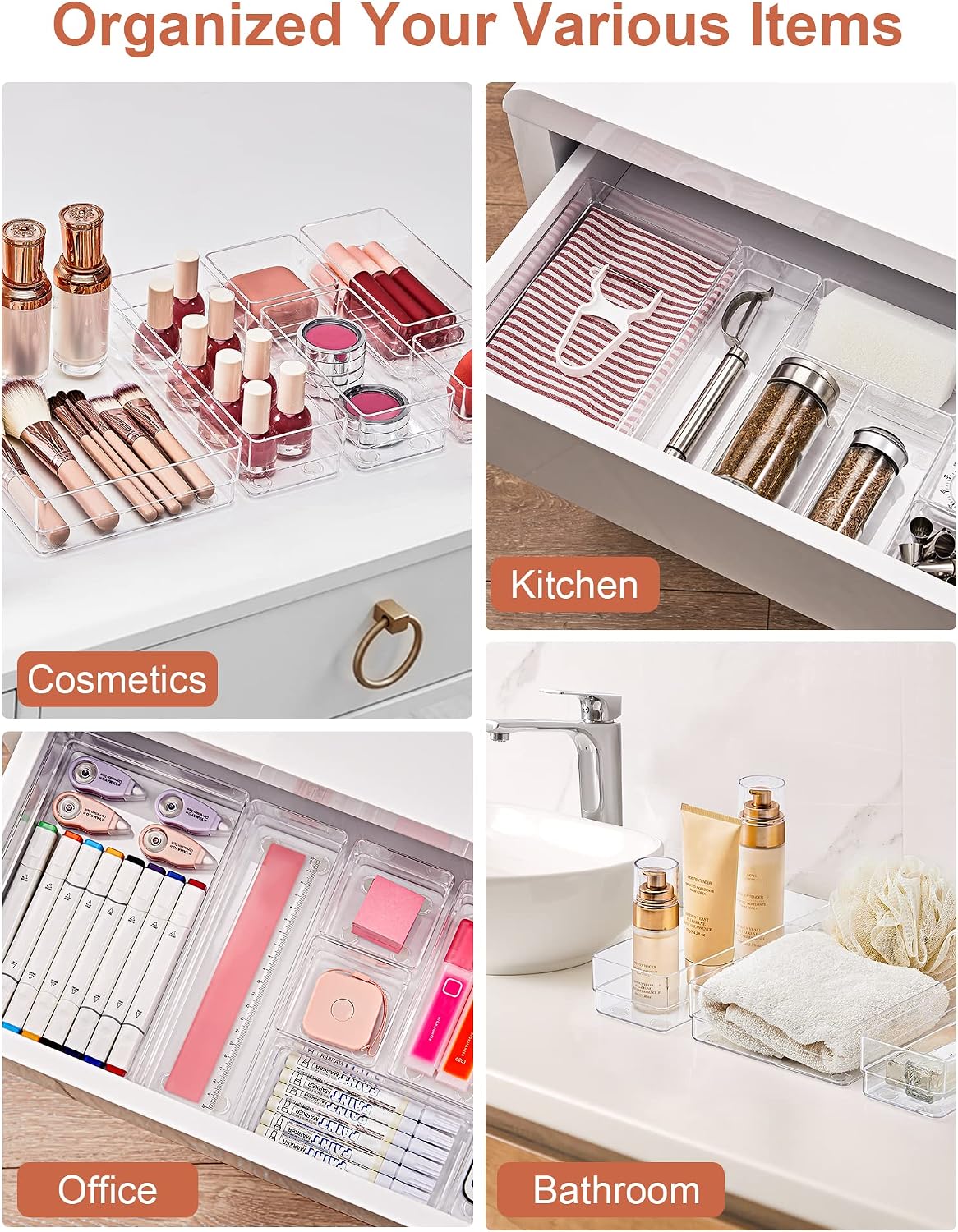SMARTAKE 29 PCS Drawer Organizer, 4-Size Desk Bathroom Drawer Organizer
