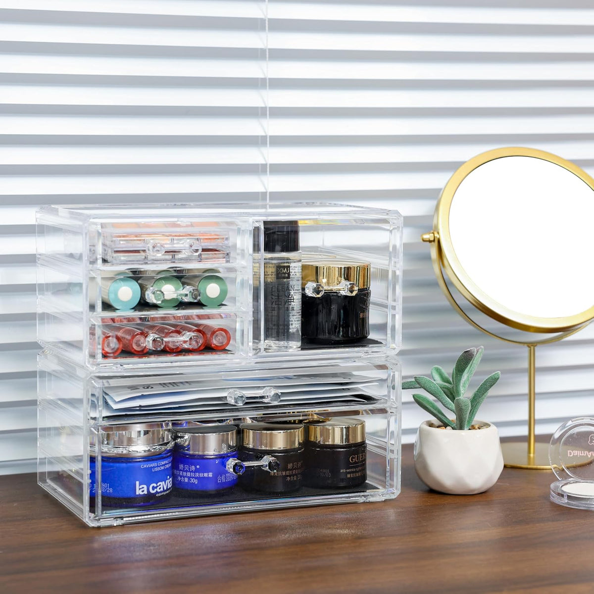 Cq acrylic 2 Pack Clear Desk Organizer With Drawers,Stackable 6 Drawers Skinc...