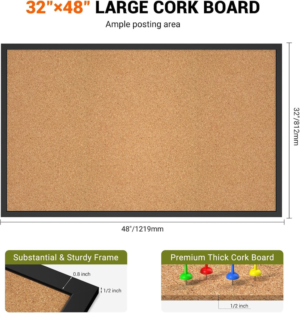 Forlogic Cork Board Bulletin Board with Black Wood Frame, 32 x 48 Large Corkb...