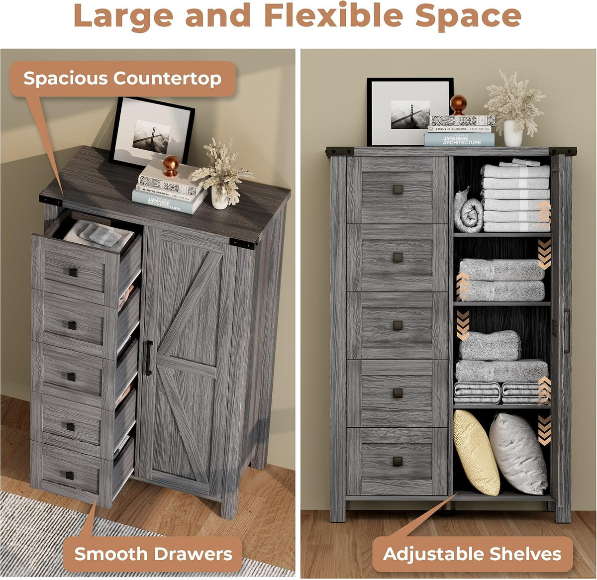 VVFLU Farmhouse Dresser Storage Cabinet Chest of Drawer for Bedroom, 5 Drawer...