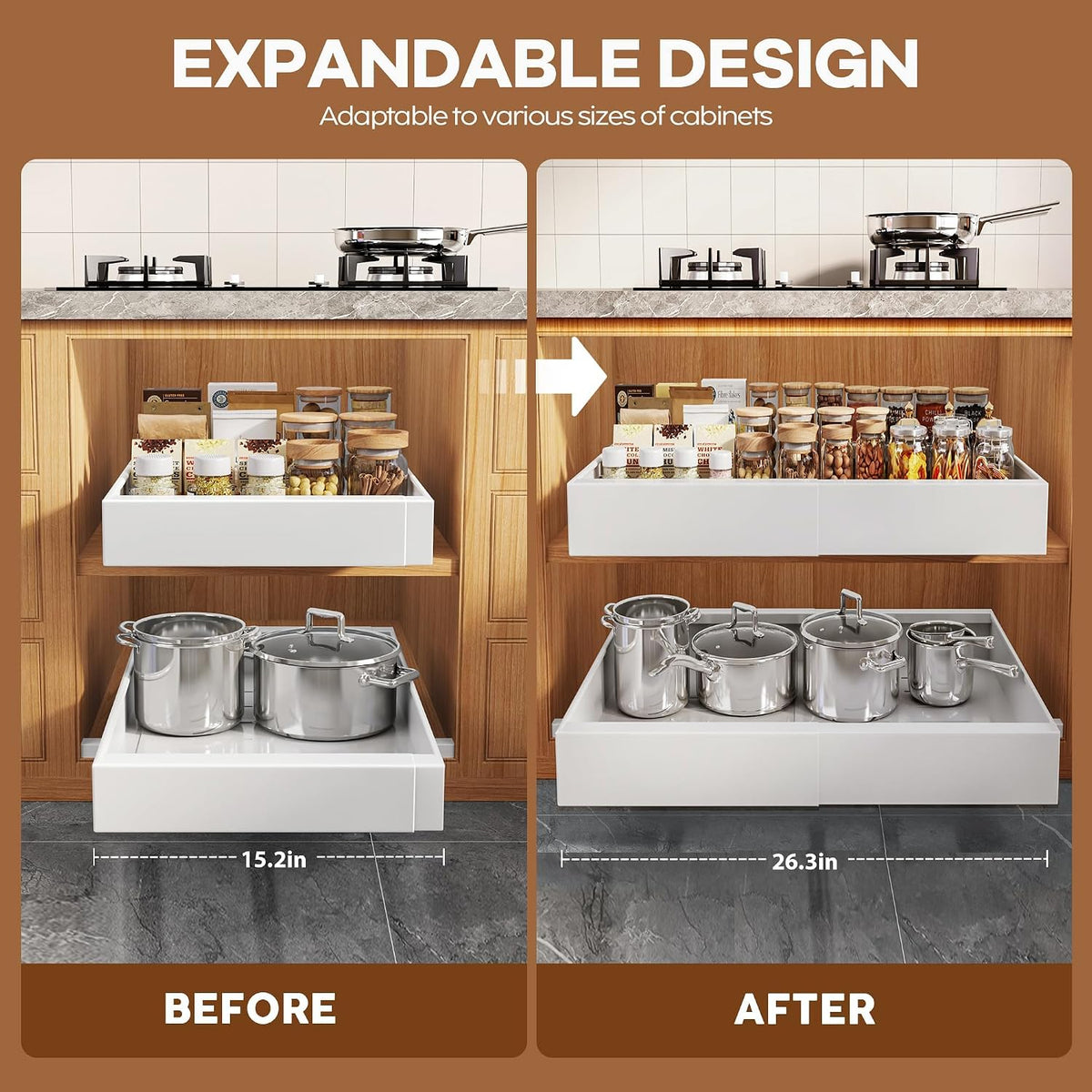 Seinloes 2 Pack Expandable Pull Out Cabinet Organizer 21"Deep With Raisi...