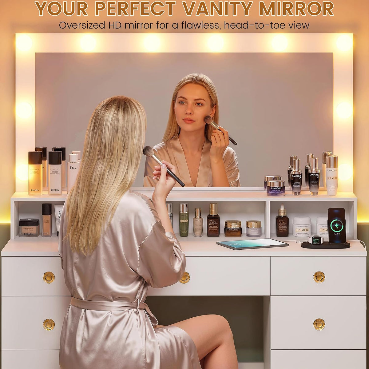 Vanity Desk with Mirror and Lights, Makeup Vanity Table with Power Outlet, 9 ...