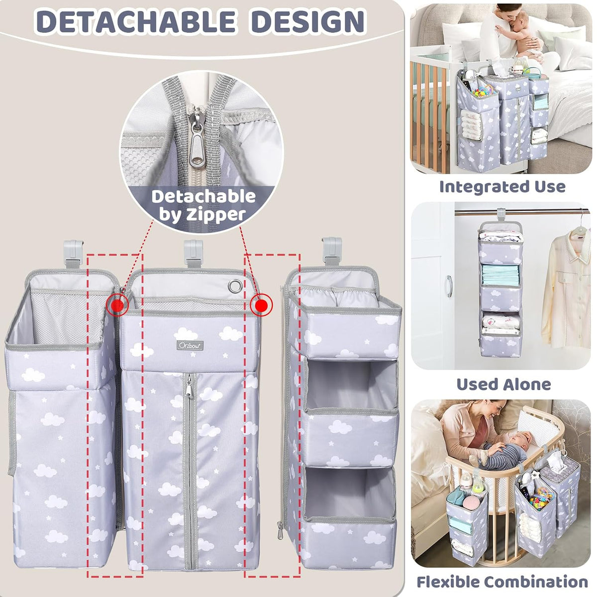Orzbow 3-in-1 Hanging Diaper Caddy Organizer for Changing Table, Grey Cloud