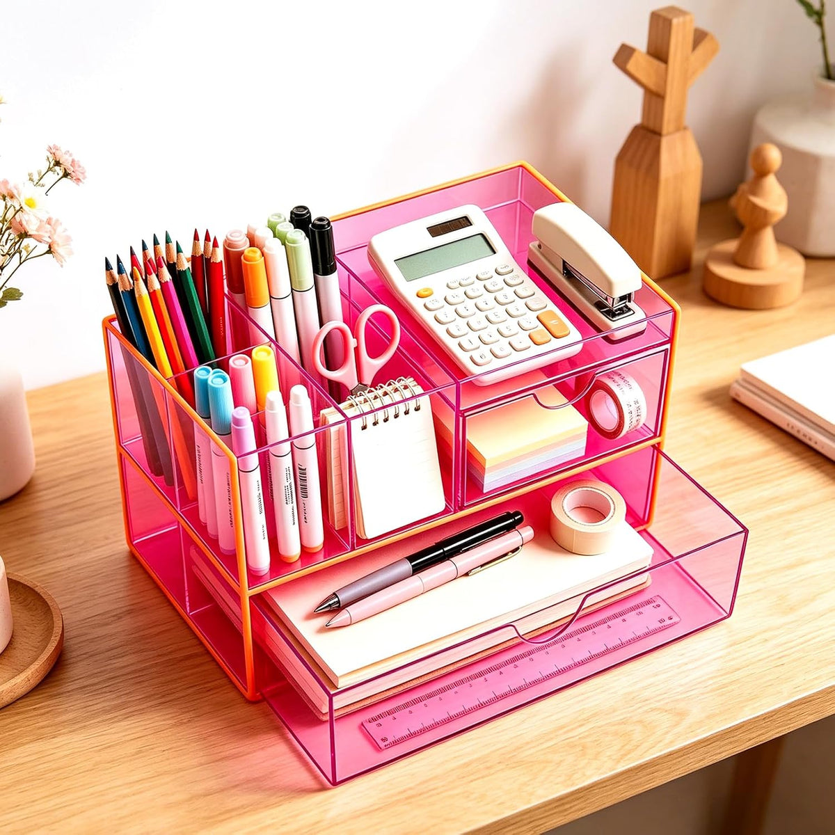 Desk Organizer with Drawers Acrylic Desktop Organizer Pen Holder Caddy for Of...