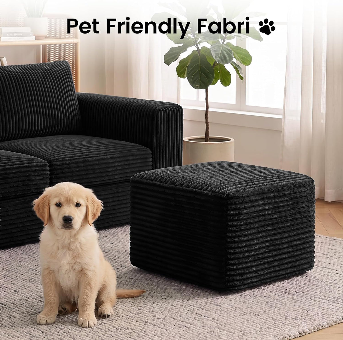 Boneless Ottoman, 27.6" Corduroy Ottoman Footrest for Boneless Couch, Black
