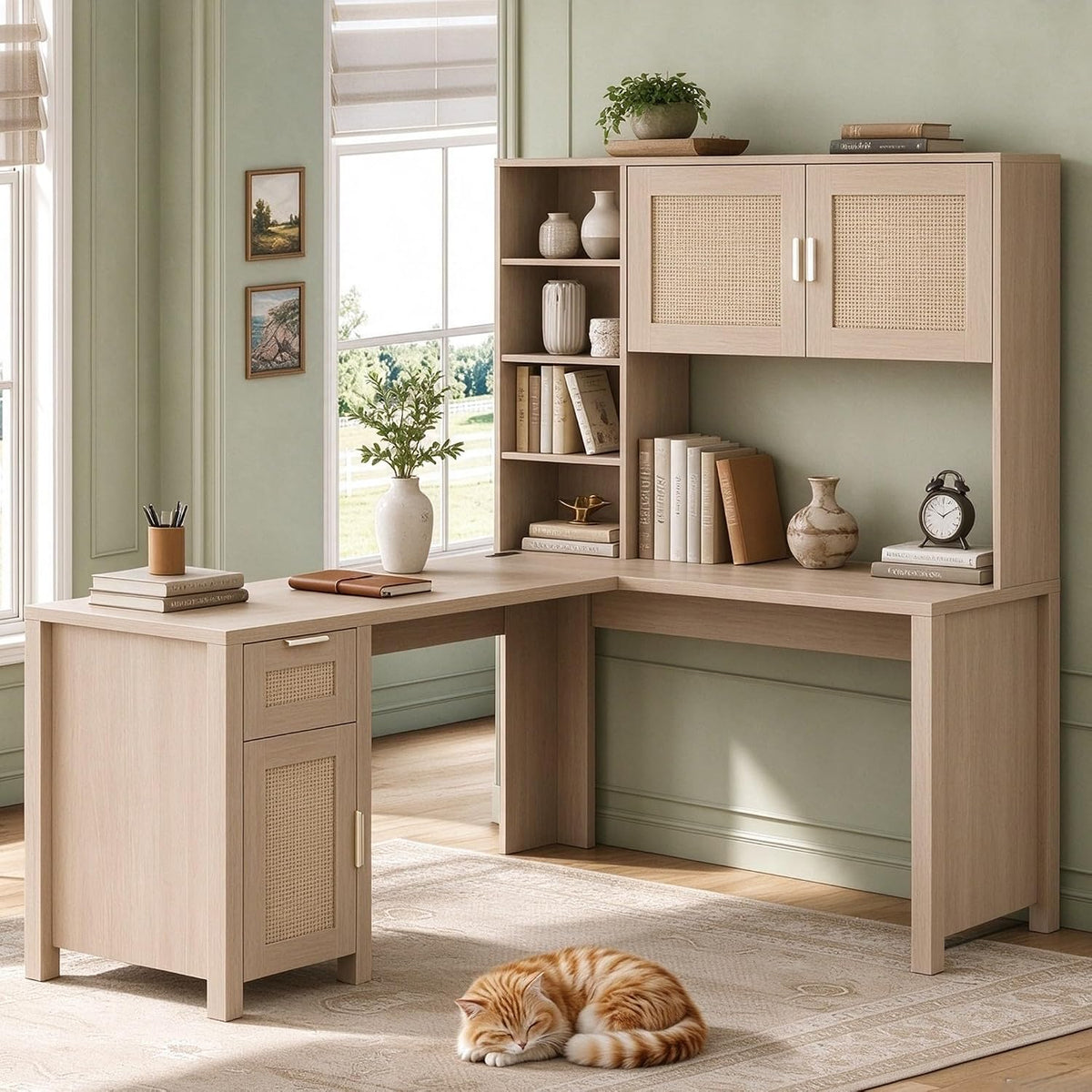 IDEALHOUSE L Shaped Desk with Storage, Computer Desk with Hutch, Wood