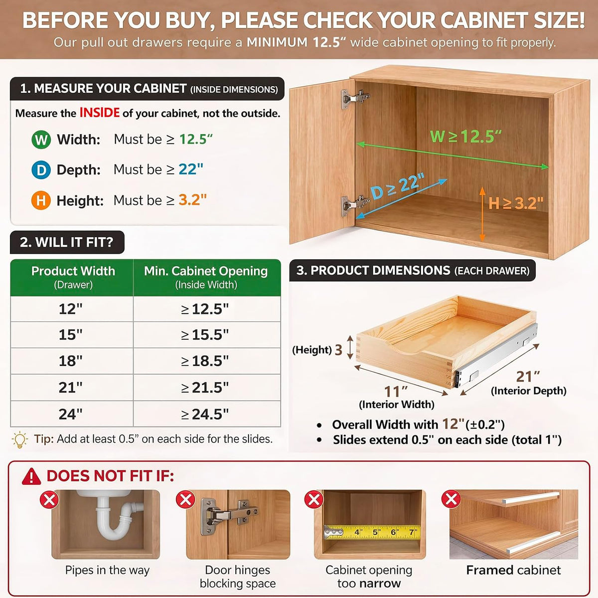 Menkxi 2 Set Wood Pull out Cabinet Organizer, Wood Color, 12'' X 21