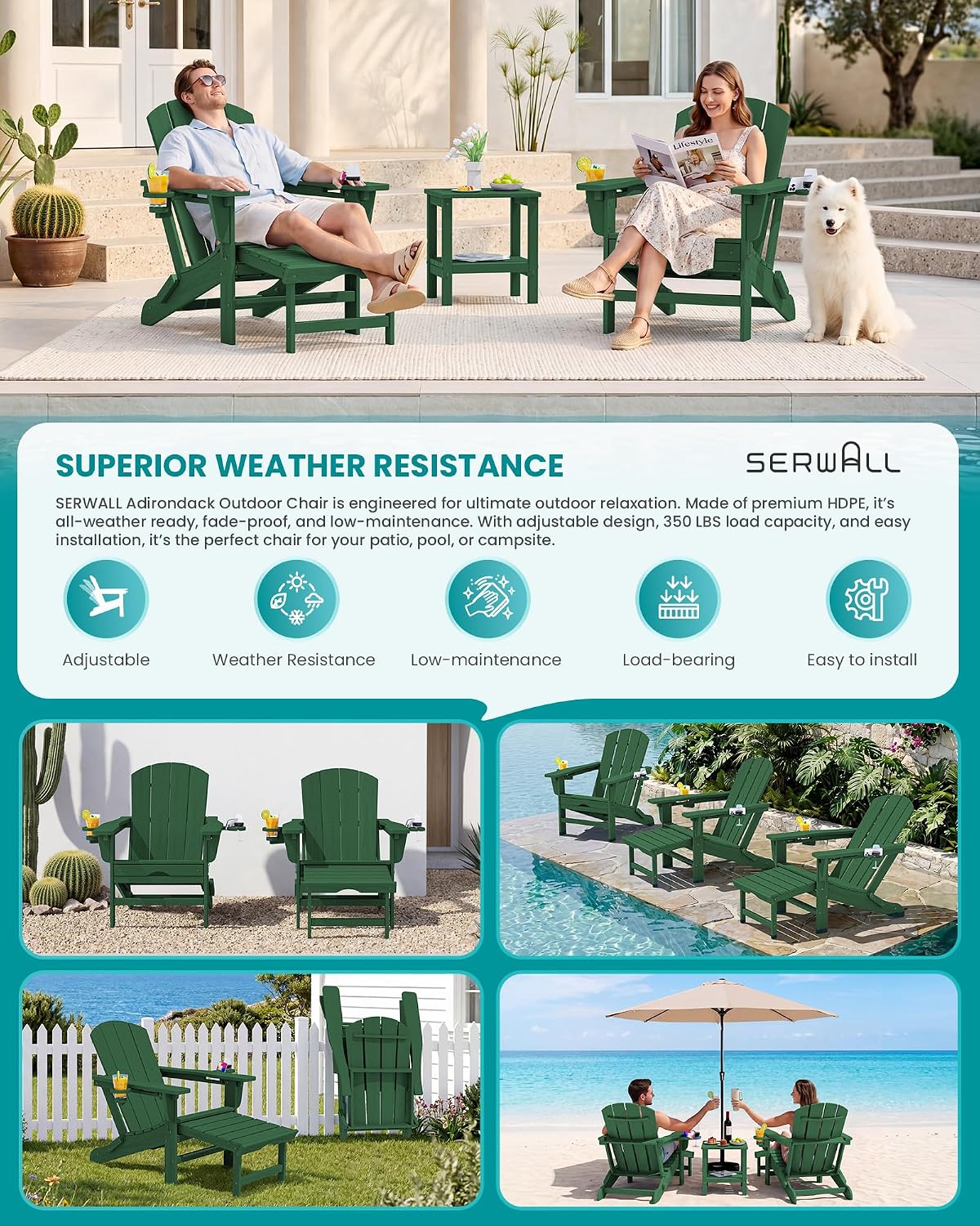 SERWALL 2-Pcs HDPE Folding Adjustable Adirondack Chair with Ottoman, Green