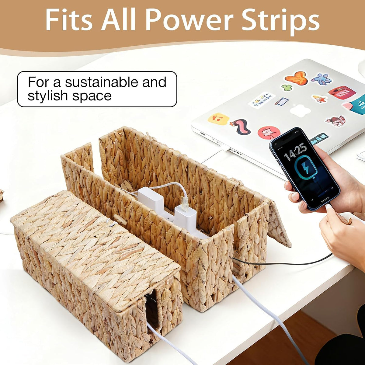 Cable Management Box with Lids-Handwoven Rattan Cord Organizer with Open Slot...
