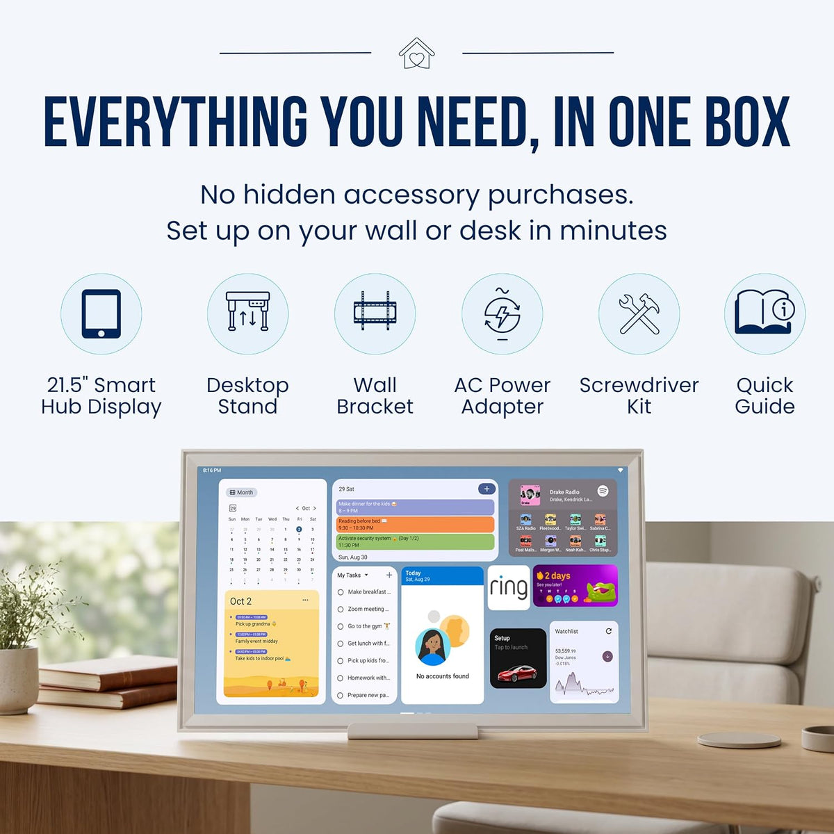 21.5" Smart Hub Digital Calendar Touch Screen, No Subscription, Google Play