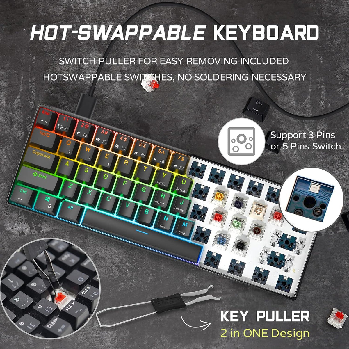 RK ROYAL KLUDGE RK61 Wired 60% Mechanical Gaming Keyboard Programmable QMK/VI...
