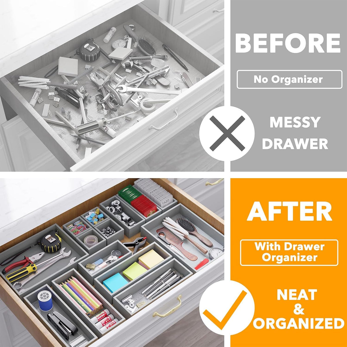 SpaceAid 14-Piece Bamboo Drawer Organizer Storage Boxes Set, Wood Tray Junk D...