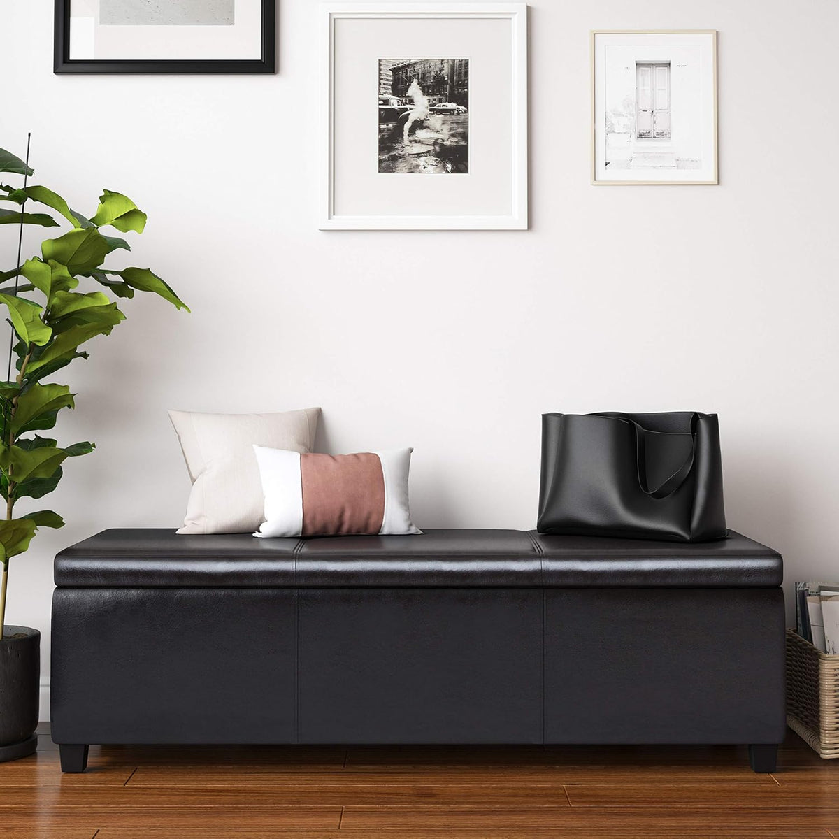 SIMPLIHOME Avalon 60" Wide Fabric Storage Ottoman in Tanners Brown