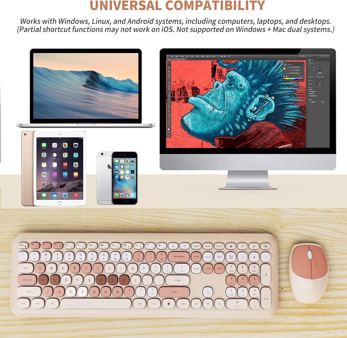 SkyGive Wireless Keyboard and Mouse Combo, Colorful Ergonomic Full Size Retro...