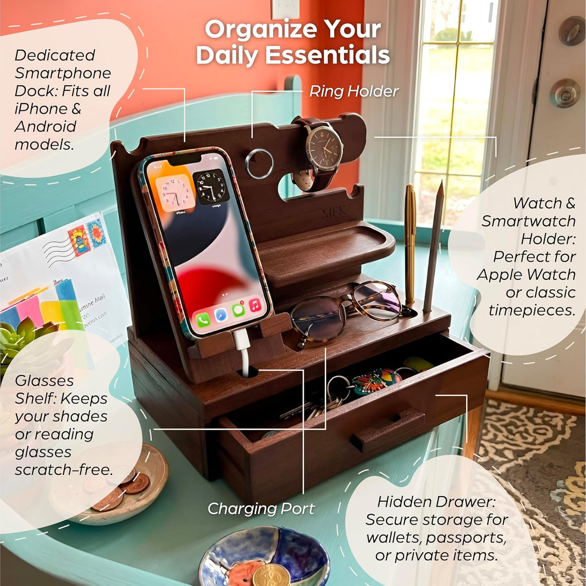 Bourbon Brown Wood Nightstand Organizer Docking Station Key, Wallet & Watch