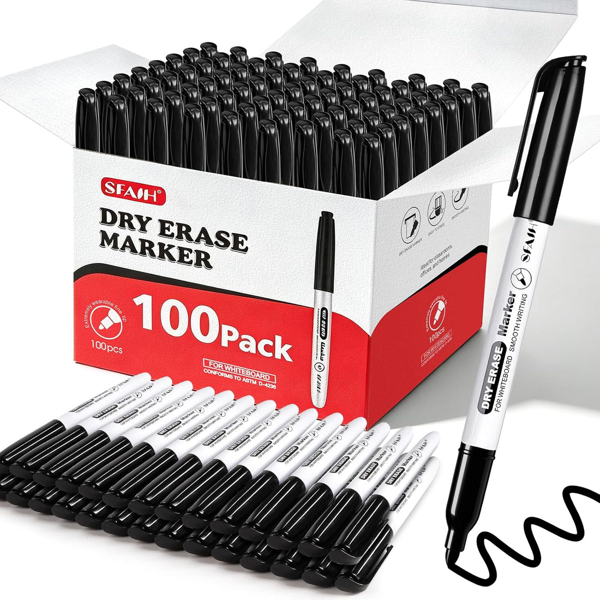 SFAIH Black Dry Erase Markers Fine Tip, 100 Pack, 1-2mm Line, Low Odor