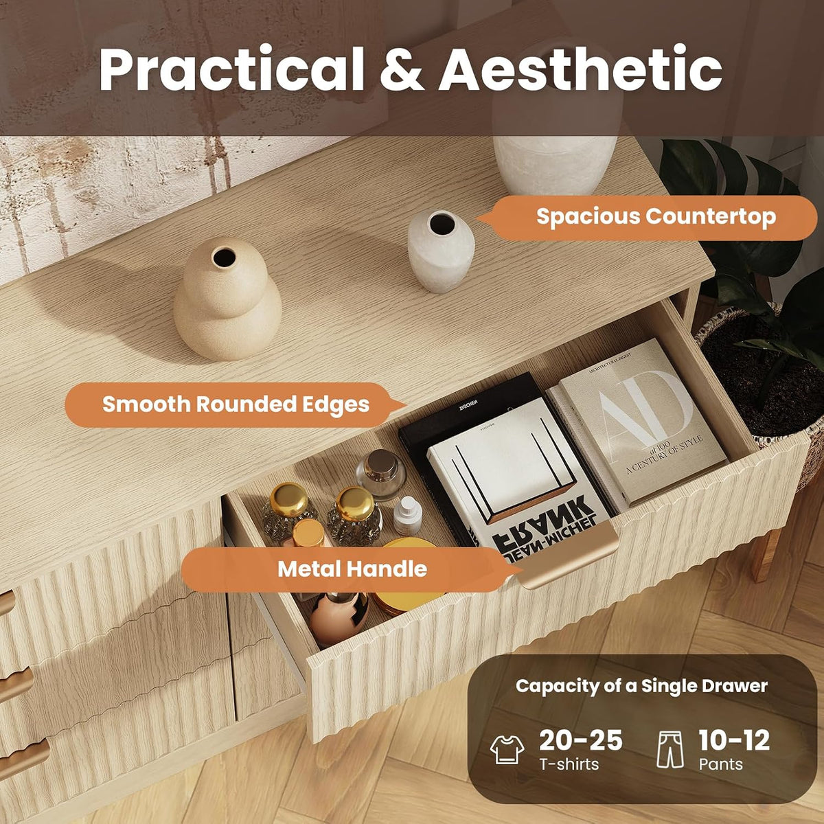 MALOL Modern Fluted 6 Drawer Dresser, Wide Wooden Storage Cabinet with Metal ...