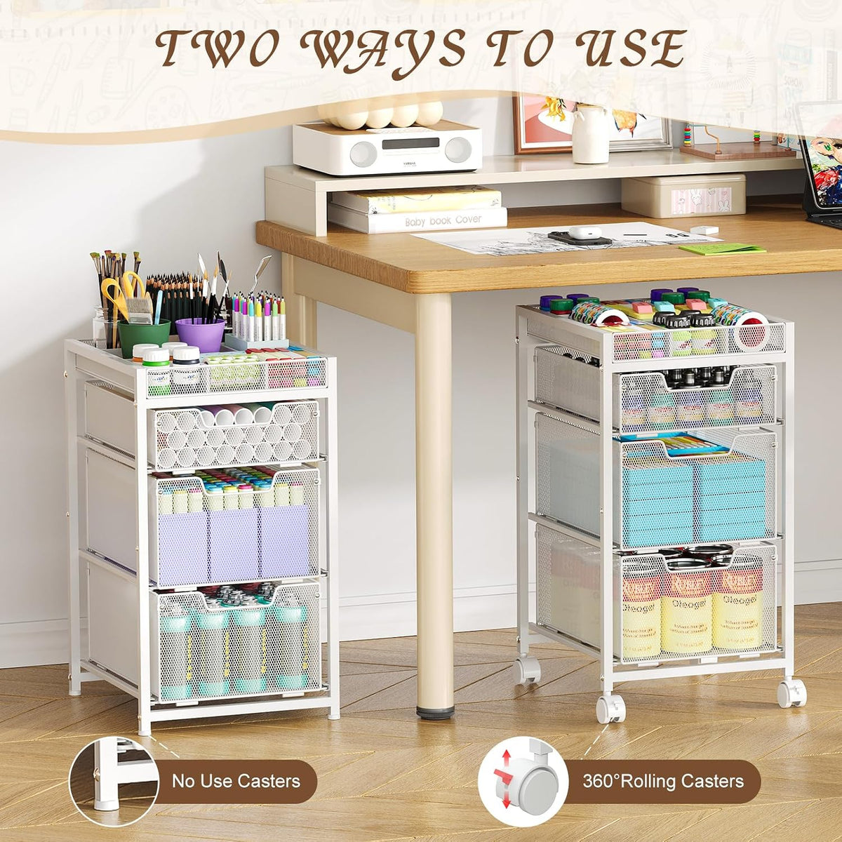 Rolling Utility Cart with 3 Drawers, Craft Organizer and Storage with DIY Div...