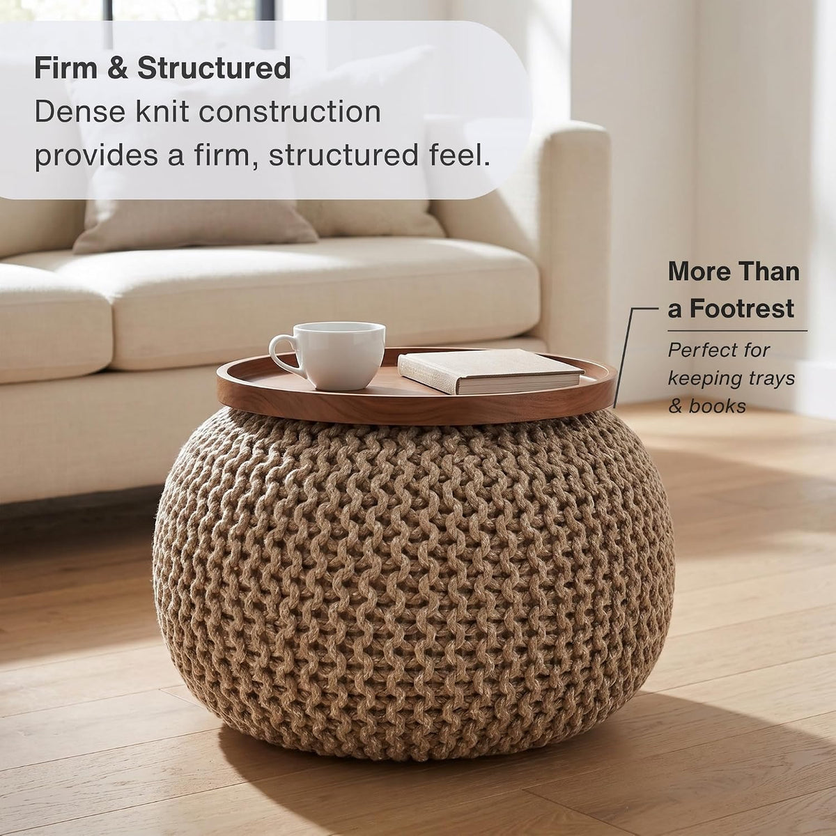 · REDEARTH · Round Pouf Ottoman - Hand Knitted Boho Poof - Beige Ivory