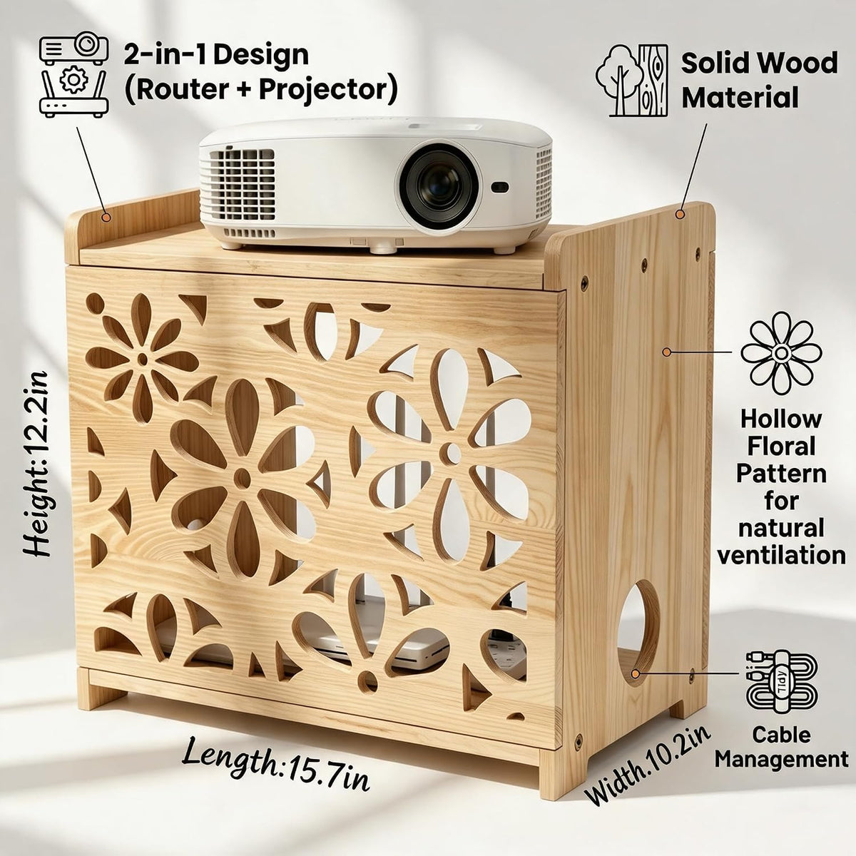 Wooden Projector Shelf,WiFi Router Box Hider,Power Strips Storage,Cable Manag...
