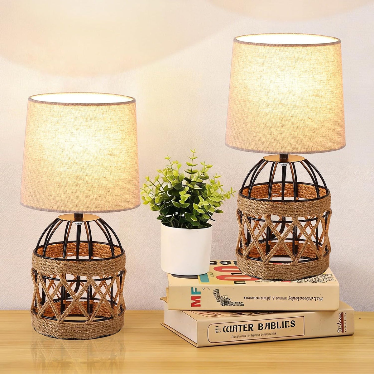 2 Pack Boho Rattan Table Lamps for Bedroom,Small Bedside Nightstand Lamp with...