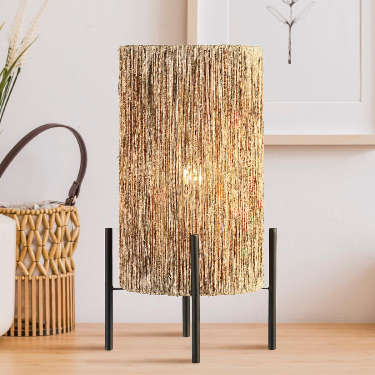 JONATHAN Y Kai Table Lamp Coastal Minimalist Rattan 16.5", Light Brown