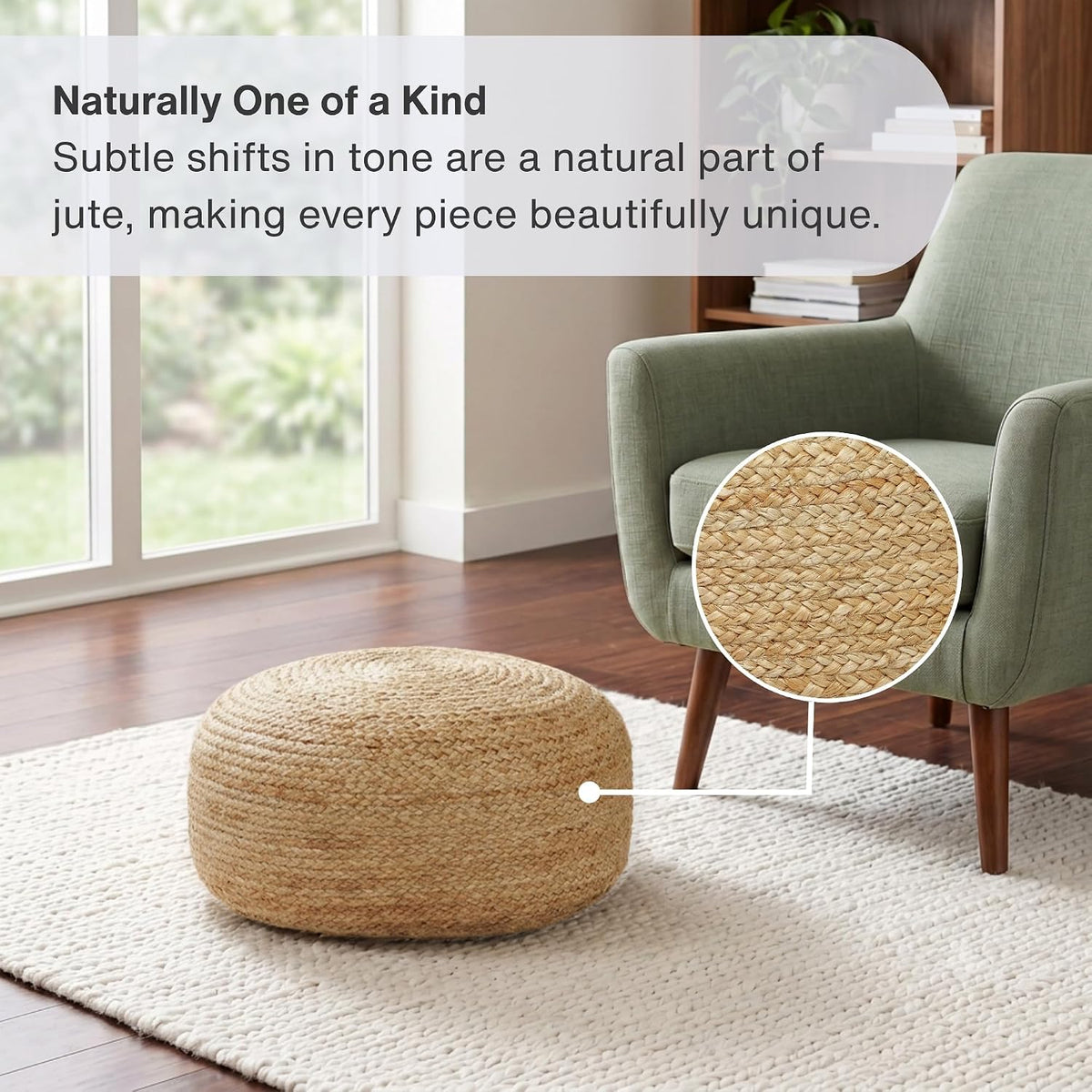 · REDEARTH · Jute Circular Low Pouf Ottoman - Boho Foot Stool - Natural