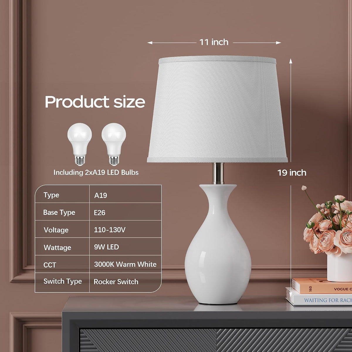 PARTPHONER Table Lamp Set of 2, Modern Ceramic Bedside Lamps for Night Stands...