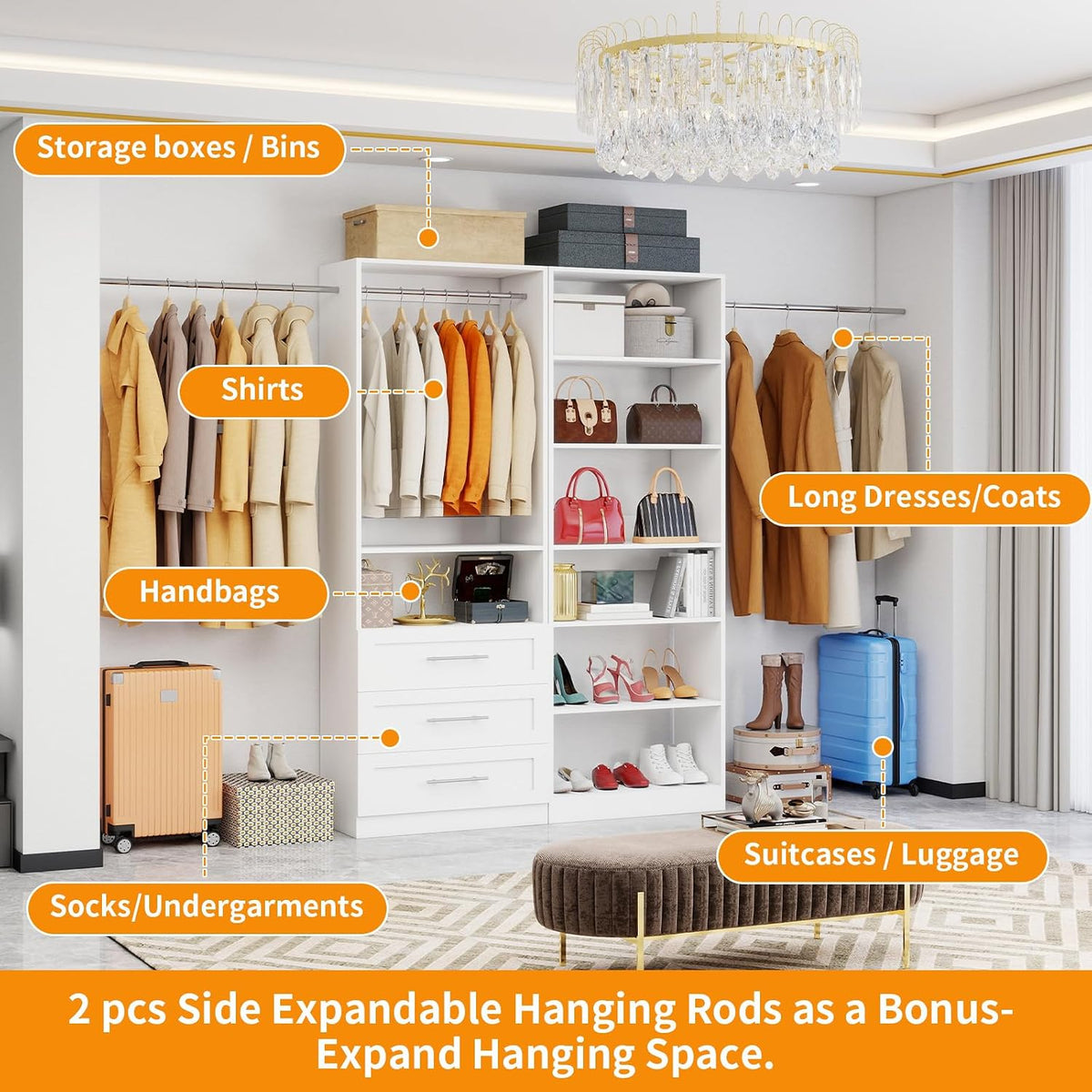 Closet System with 2 Sets, 4FT-10FT Closet Organizer Systems with 3 Wooden Dr...