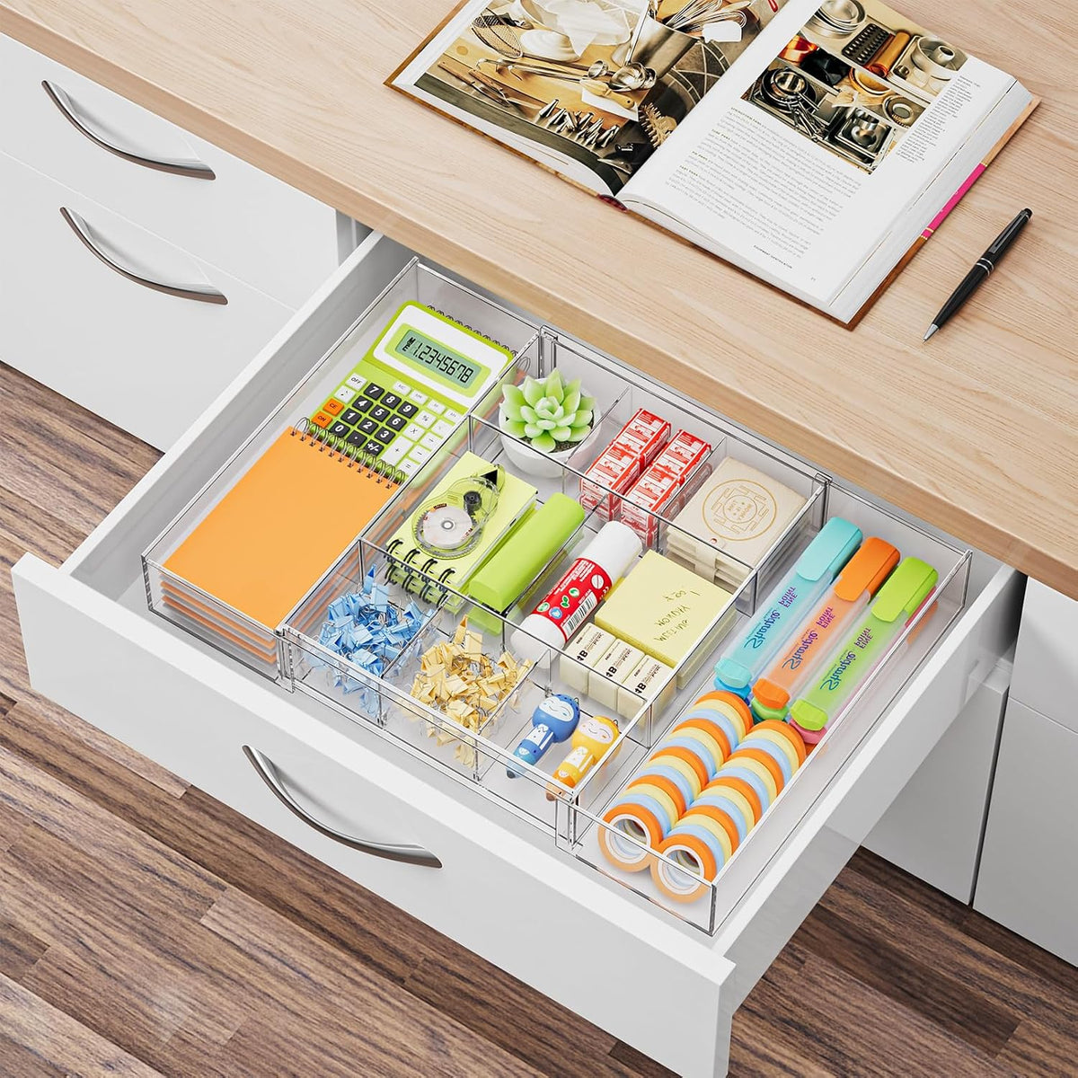 Marbrasse Expandable Desk Drawer Organizer, Clear Plastic Drawer Organizer Tr...