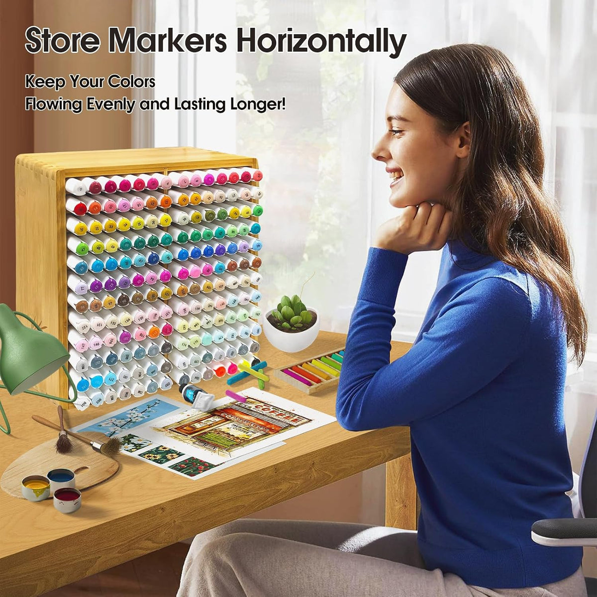 Marker Organizer for 168 Markers,Bamboo Wooden Desk Storage Organizer Rack,Ma...