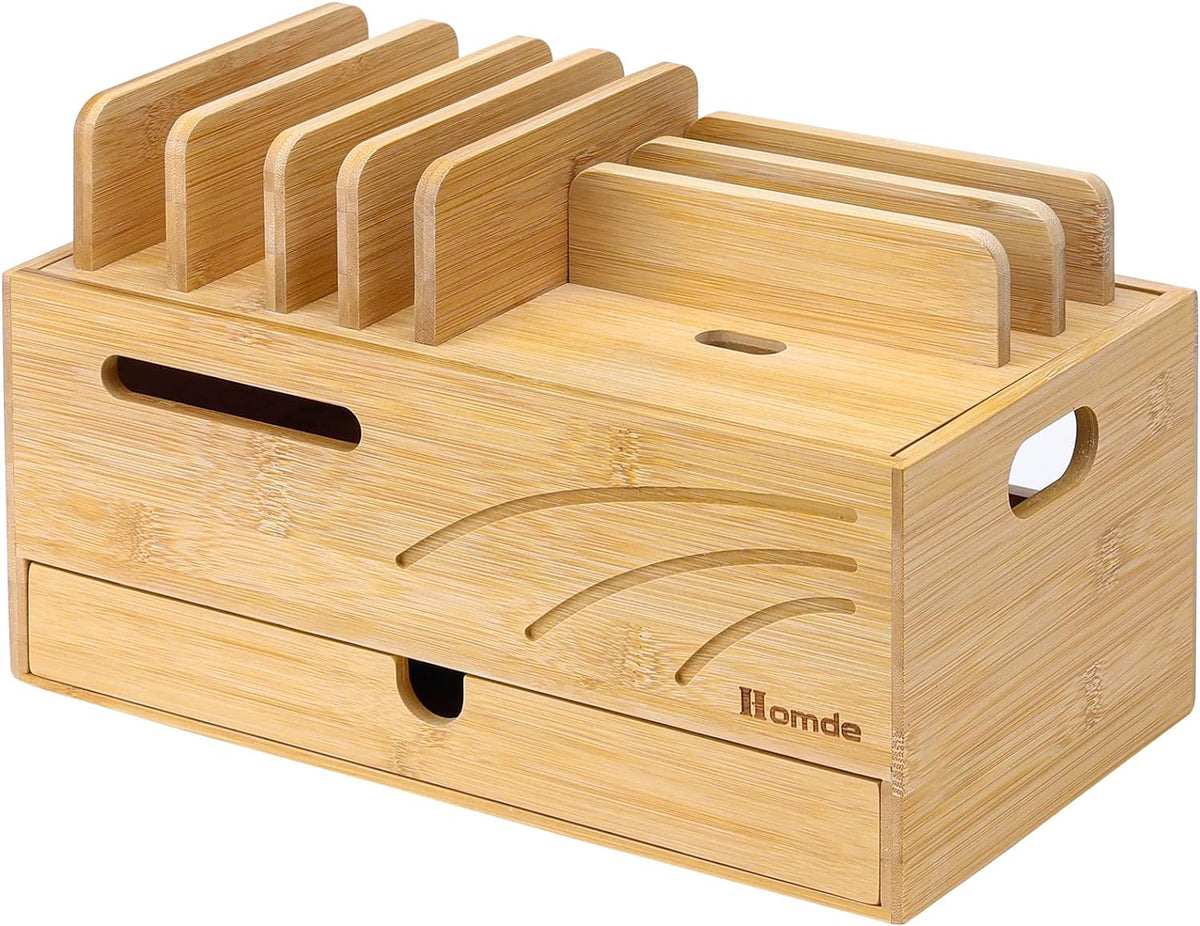Homde Bamboo Charging Station Organizer: 6 Compartments and Drawer
