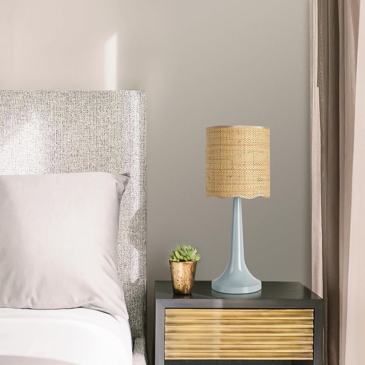 Light Blue Rattan Small Table Lamp for Bedroom, Light Blue Wicker Lamps for B...